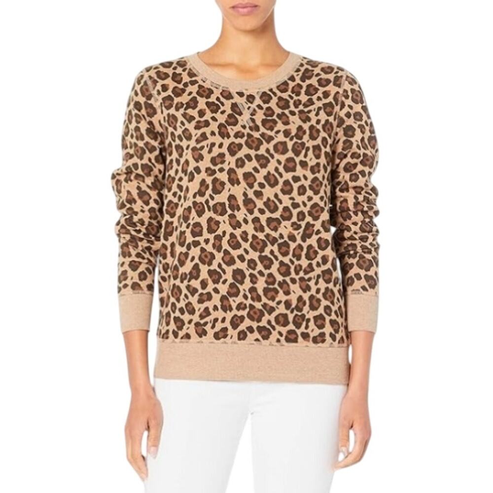 Amazon Essentials French Terry Fleece Sweatshirt Crewneck Leopard Brown XS NWOT